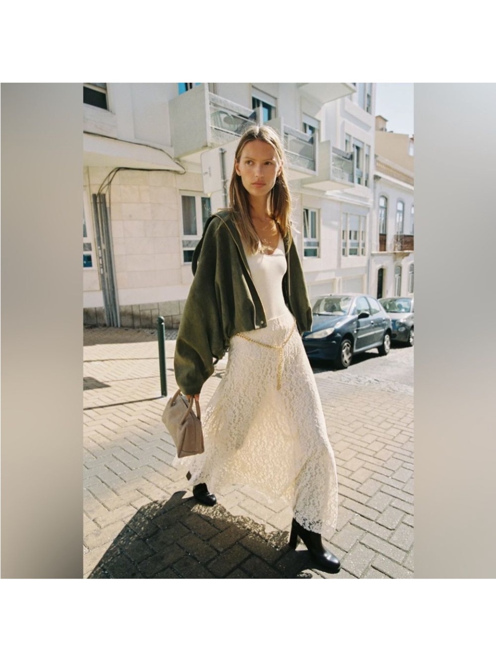 NWT Zara Lace Maxi Skirt in Cream with golden chain